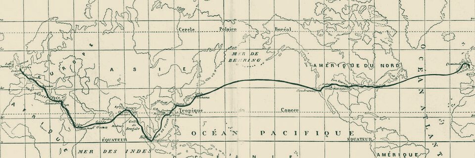 Old engraved world map with a line tracing Fogg's route east from London, across Asia and the Pacific, through North America and back over the Atlantic.