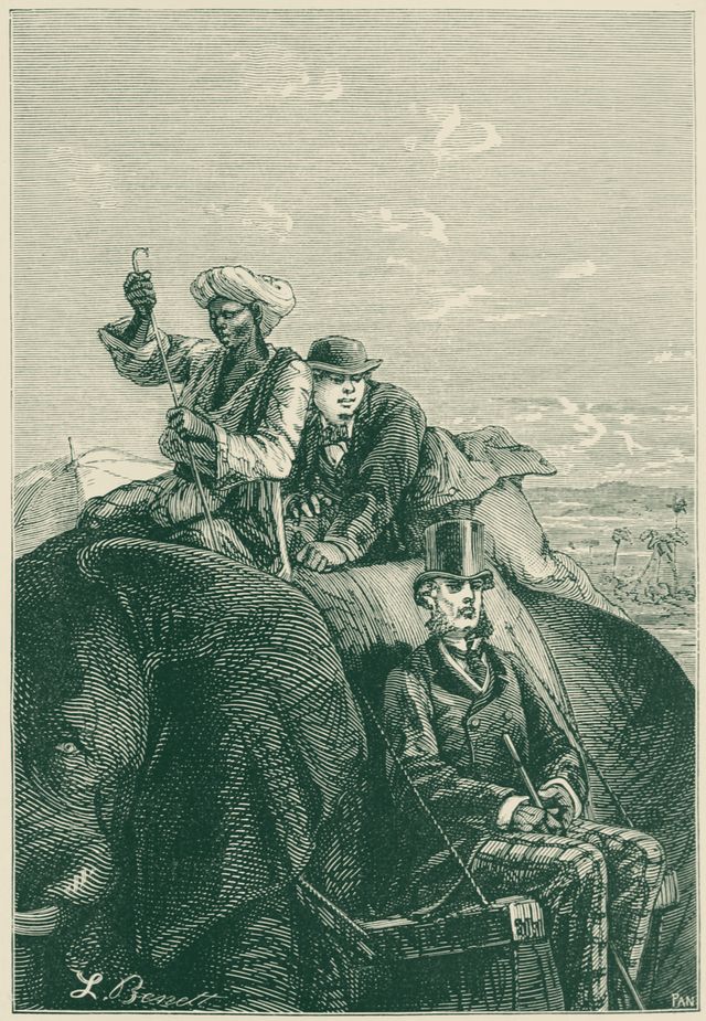 Engraving of a man in a top hat riding an elephant, with a companion in a bowler hat and a guide holding a goad.