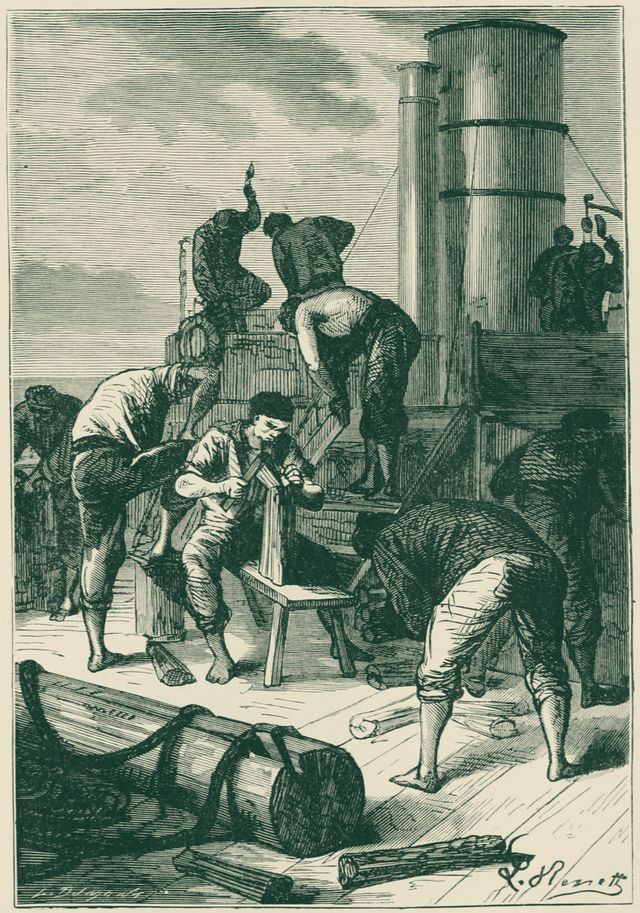 Engraving of sailors on a steamer's deck sawing and chopping up the ship's woodwork beside its tall funnels.