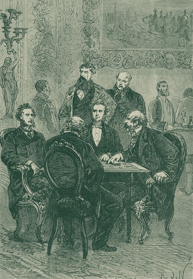 Engraving of five Victorian gentlemen at a card table in a grand club room, with two more standing behind them.
