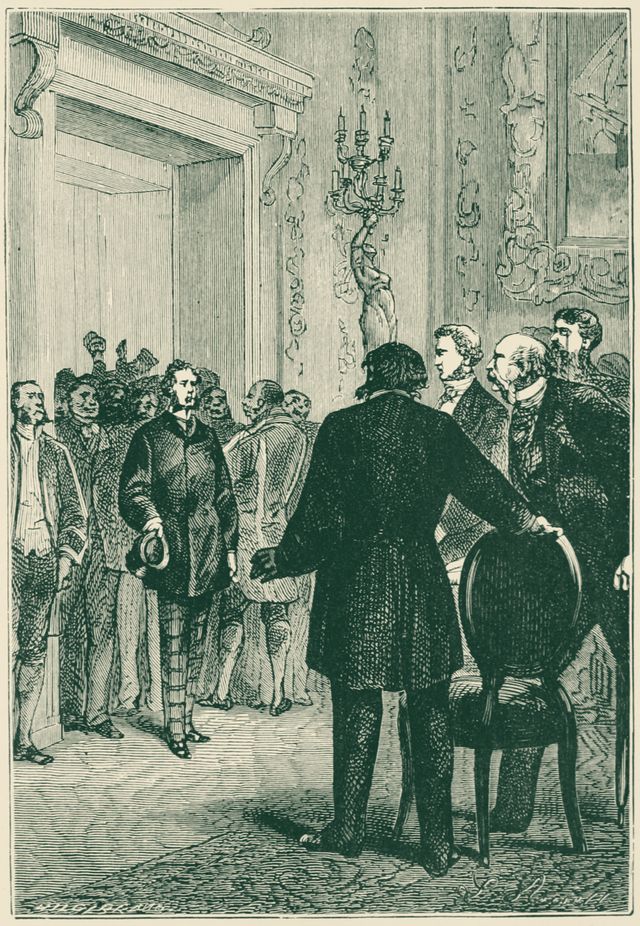 Engraving of a man walking into a grand club room, hat in hand, watched by a group of gentlemen and a crowd at the door.
